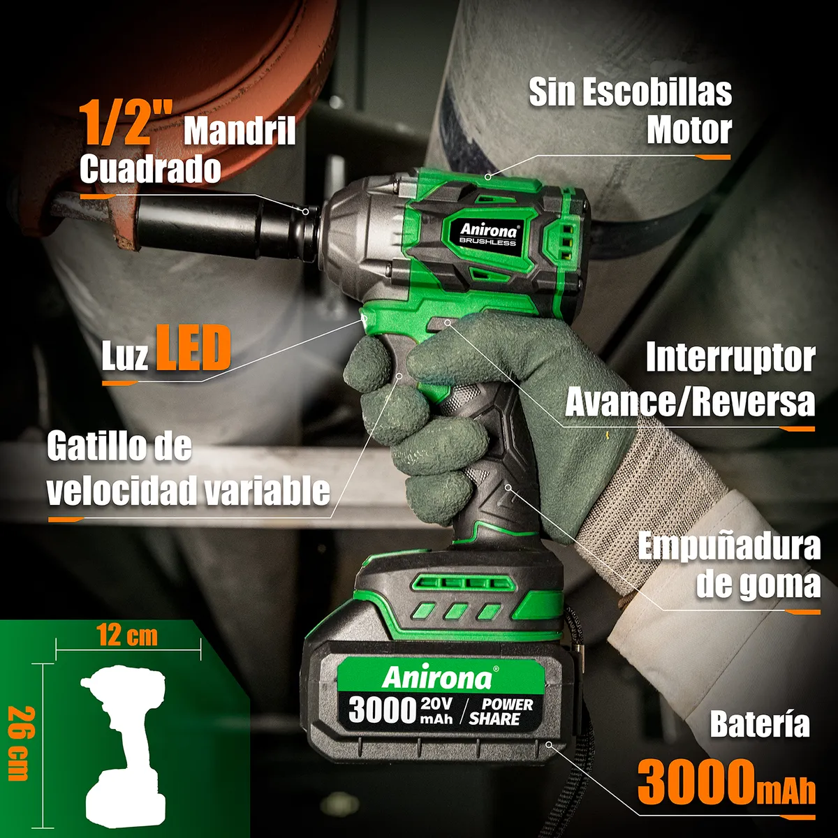 Llave De Impacto Inalámbrico Kit Anirona 3.0ah Con 2batería